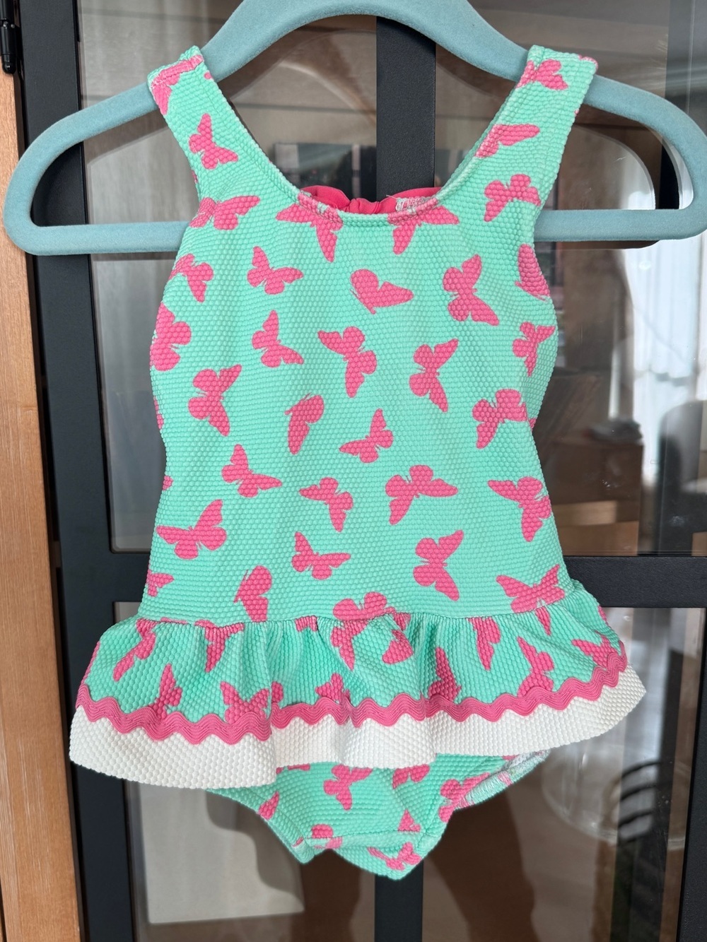 Florence Eiseman butterflies print one piece swimsuit  textured bow ruffle skirt